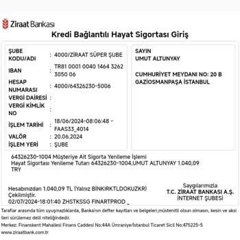 Ziraat Bankası Türkiye Sigorta A. Ş Konut Sigortası Düzenlemesi