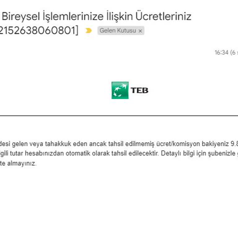 Tep Bankası, Tahsilat Bekleyen Bireysel İşlemlerinize İlişkin Ücretler