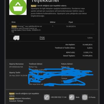 Dyson Ödeme Alınmasına Rağmen Sipariş Onaylamama