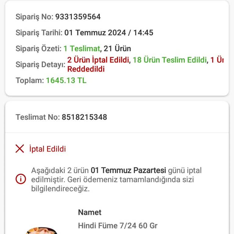 Trendyol Migros Online Alışveriş Eksik Ürün Para İadesi Yapılmaması
