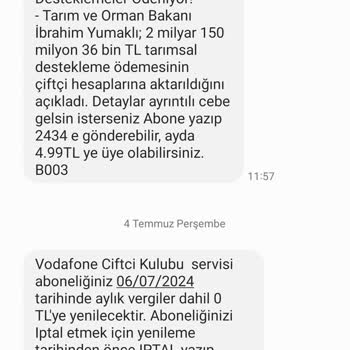 Vodafone Çiftçi Kulübünden Mesaj Almak İstemiyorum