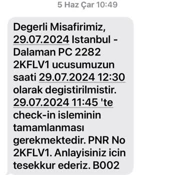 Pegasus Uçuş Saat Değişikliği /PC 2282