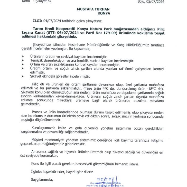 Tarım Kredi Kooperatif Market Tarımkredi Marketten Alınan Son Kul. Tar. Önce Bozulan Beypiliç Ürünü