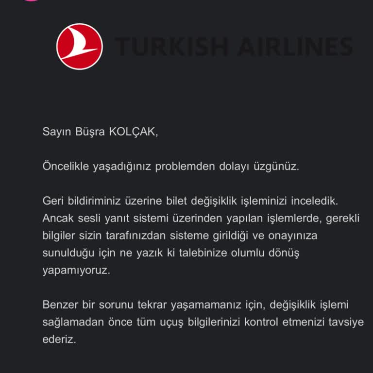 Türk Hava Yolları Uçuş Saatimin Değişikliği