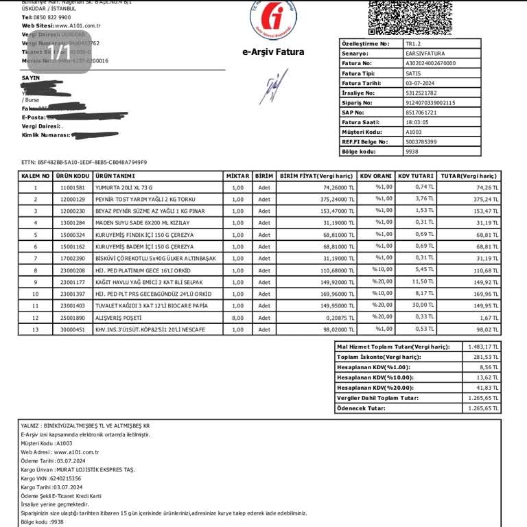 A101 Market Alışverişini Elektronik Olarak Göstermesi
