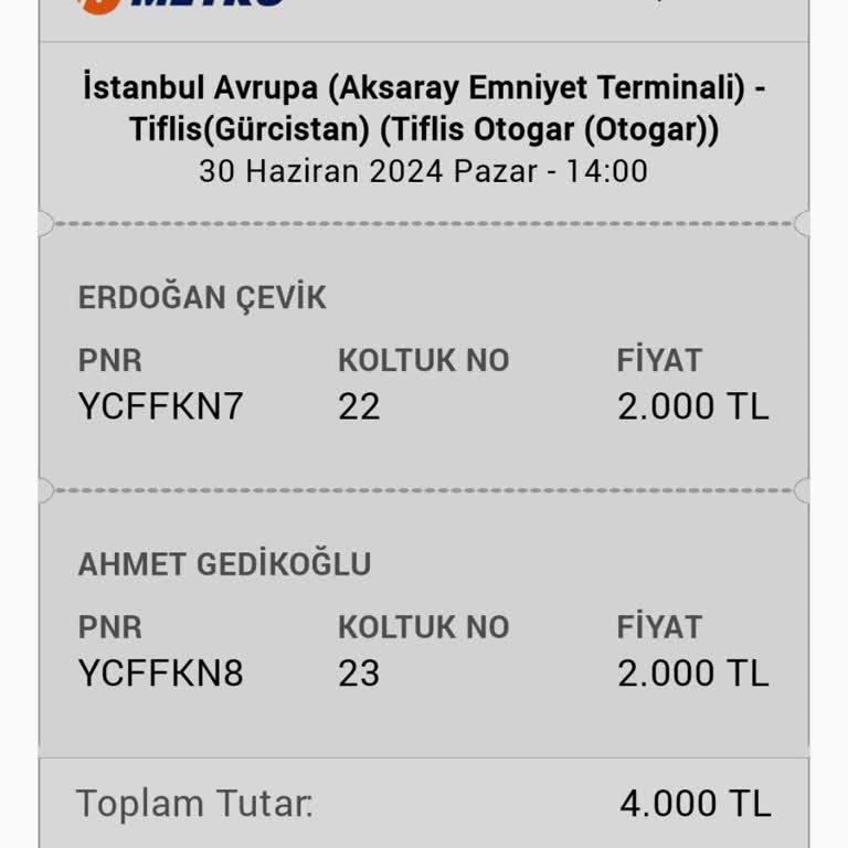Metro Turizm Bilet Ücret İadesi