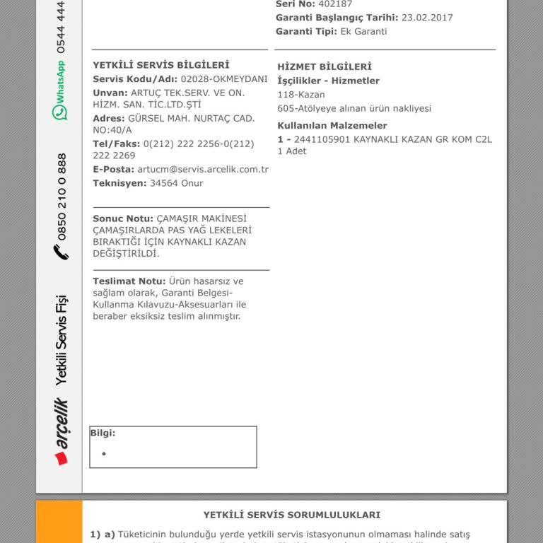 Arçelik Marka 9 Kg Çamaşır Makinesi Sürekli Çamaşırlara Yağ Bırakıyor