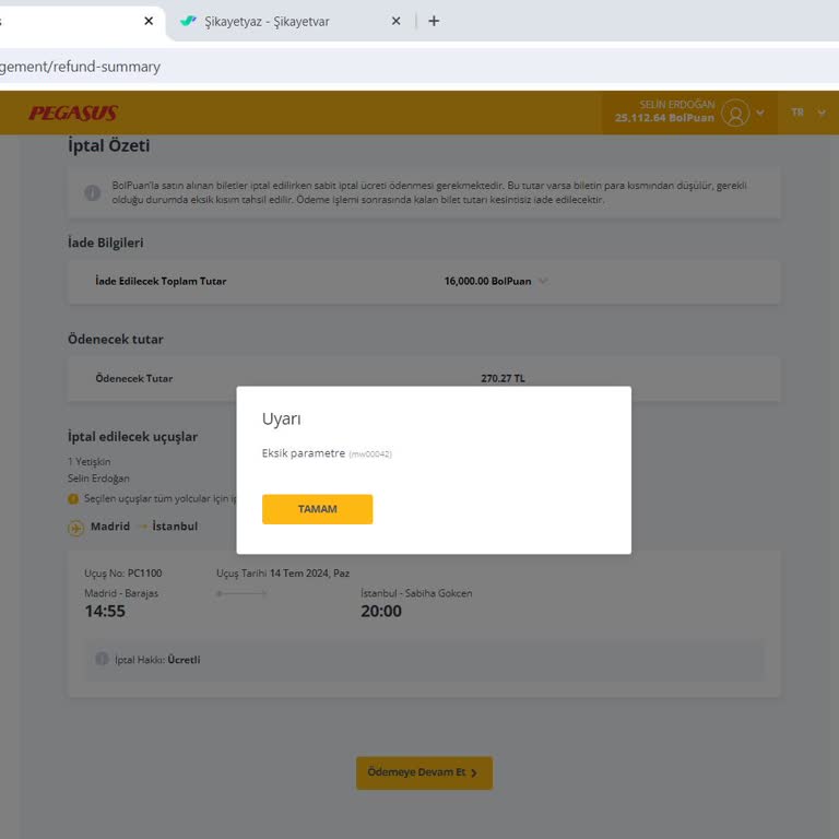 Pegasus Bilet İptali Ve İade Alamama