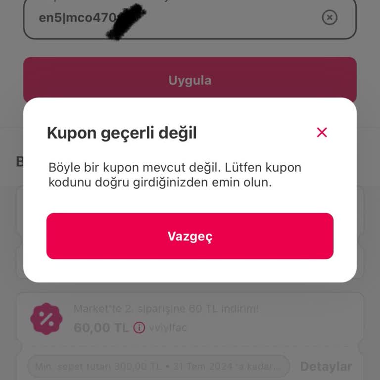 Enuygun Uygulamasından Aldığım Yemeksepeti Kuponu Geçersiz