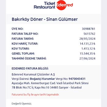 Ticket Restaurant Faturamı Sisteme Eklemenizi Talep Ediyorum