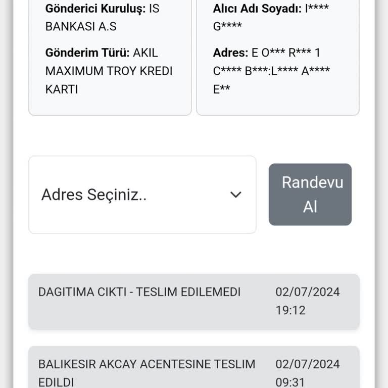 Kuryenet Teslim Edilmeyen Banka Kartı