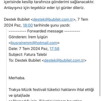 Bubilet İade Yapmadığı Gibi Faturamı Da Göndermiyor.