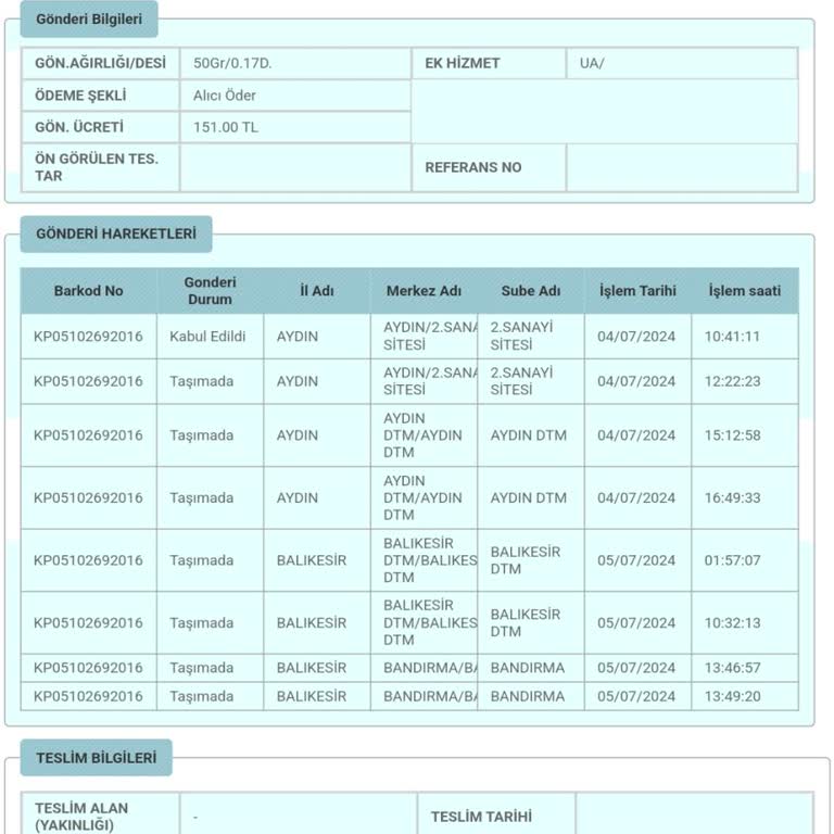 PTT Kargo Kargonun Teslimatında Yaşanan Gecikme