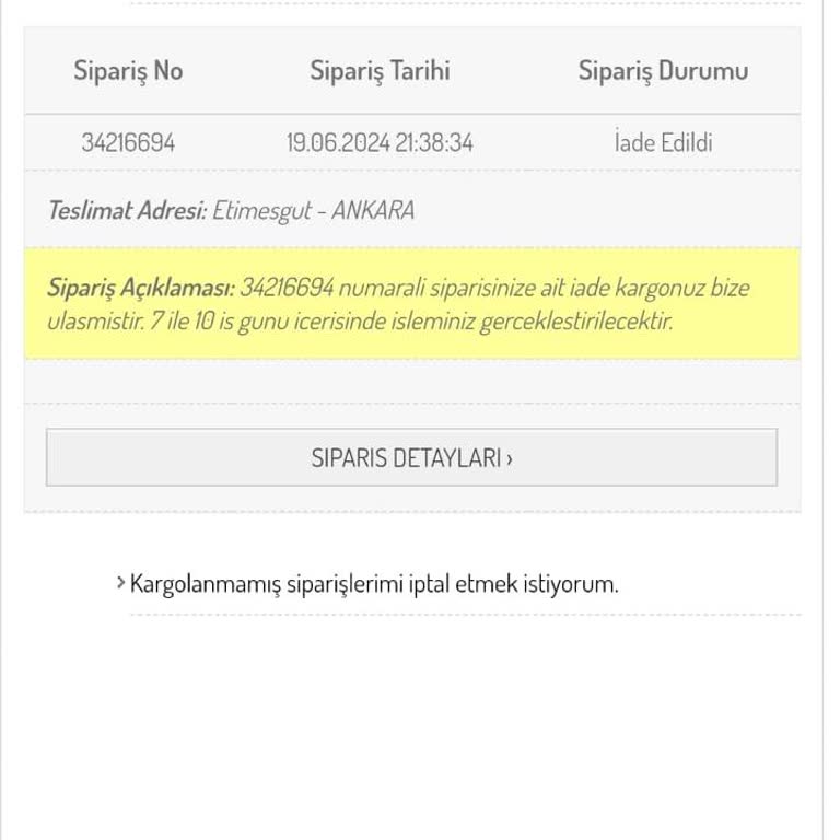 Sefamerve İade Bedelim Hesabıma Geçmedi