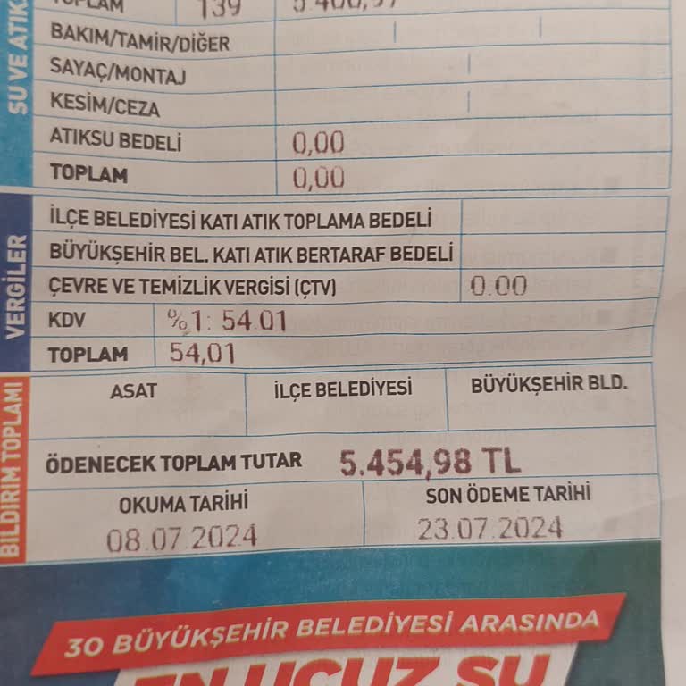 Asat Yüksek Su Faturası