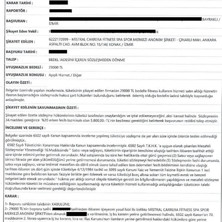 Mistral Carrera Fitness & SPA Ücret İadesinin Alınması