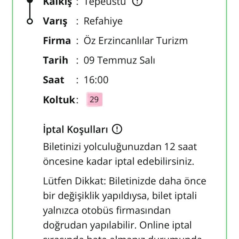 Öz Erzincanlılar Turizm Bilet İptali Yapılmıyor