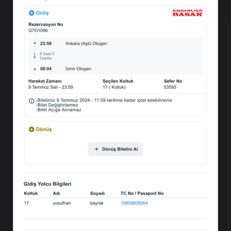 Erzincan Başak Turizm Bilet İade İşlemi