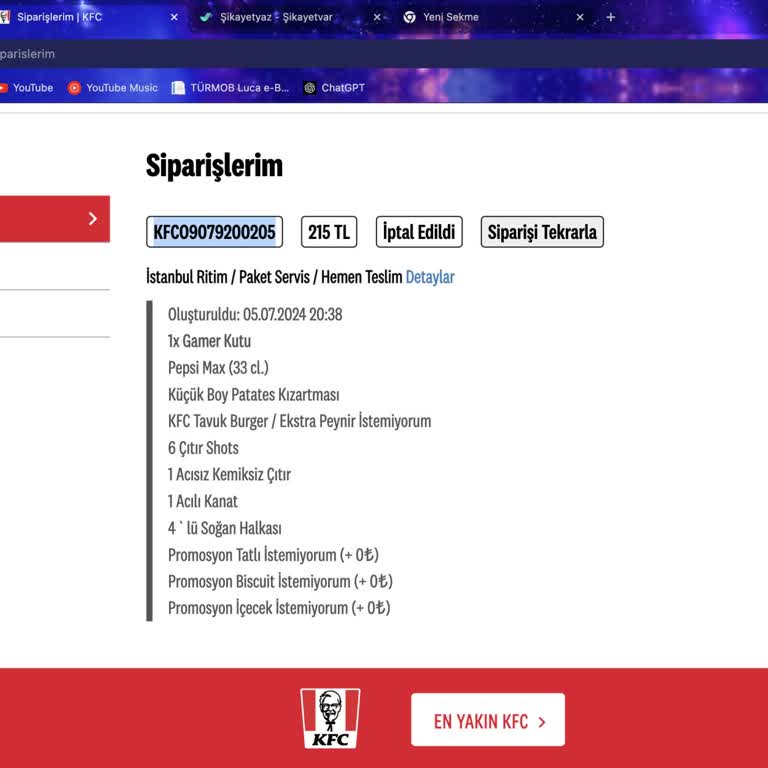 KFC Kendileri İptal Etti Ve Ücreti Geri Ödemiyorlar