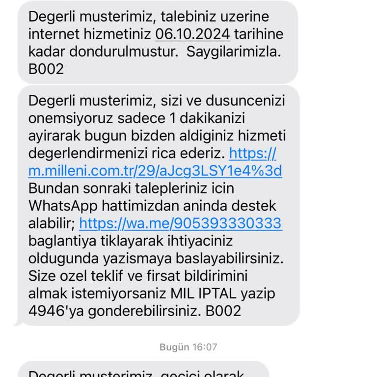 Millenicom Abonelik Dondurma İşlemi