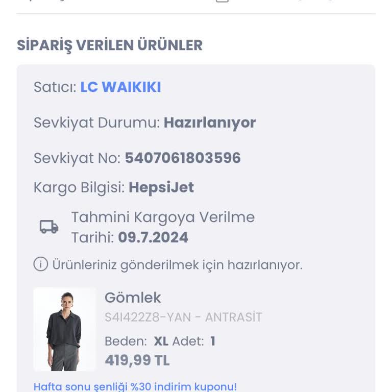 LC Waikiki Hazırlanıyor Aşamasında Kalan Sipariş