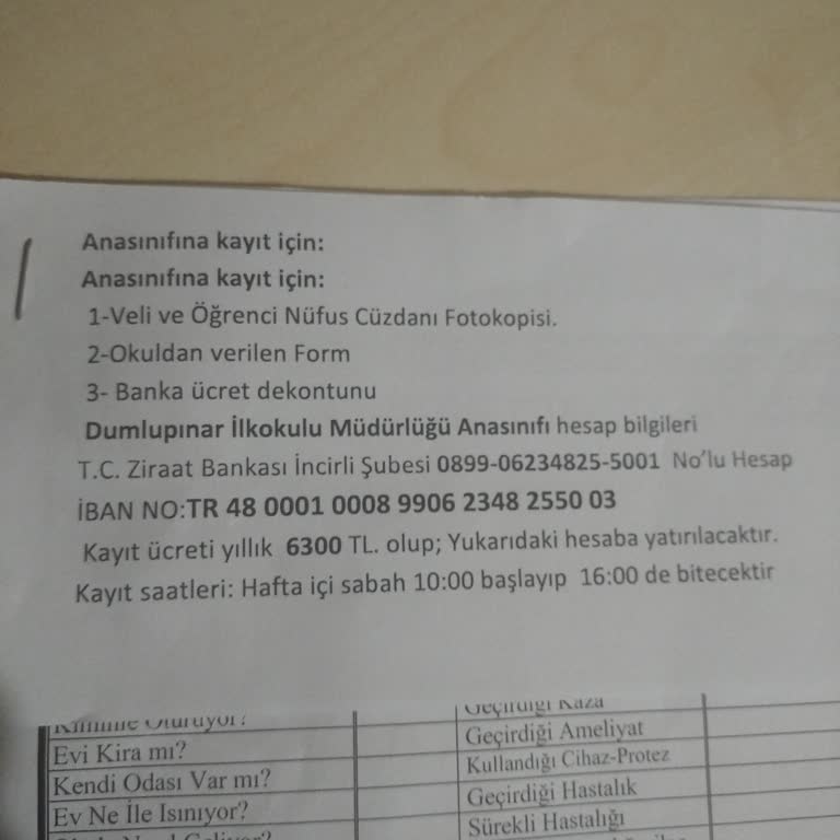 Milli Eğitim Bakanlığı (MEB) Anasınıfı İçin İstenilen Kayıt Parası