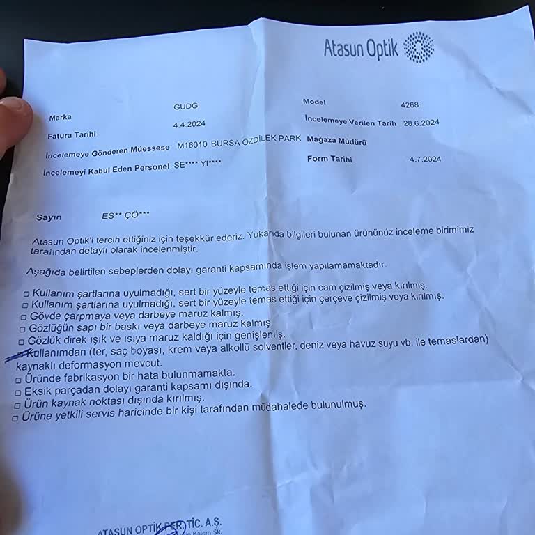 Dolce Gabbana Atasun Optik Güneş Gözlüğü Değişimi İle İlgili Şikayet