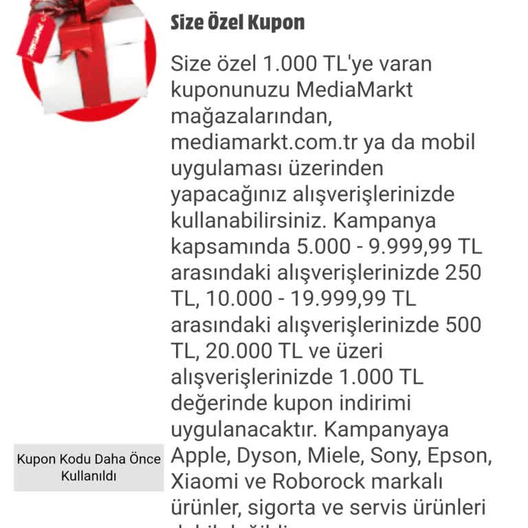 Media Markt Kupon Kodumun Kullanılmamış Olmasına Rağmen Geçersiz Olması.