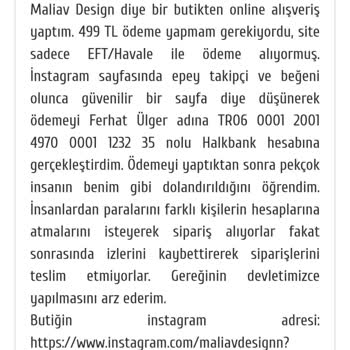 Maliav Butik (instagram: maliavdesign) Online Butikten Ürün Teslimatı Yapılmıyor