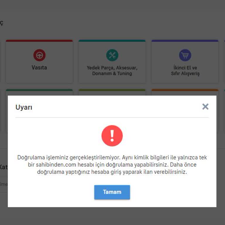 Sahibinden.com'da Hesap Kimlik Doğrulama Hatası