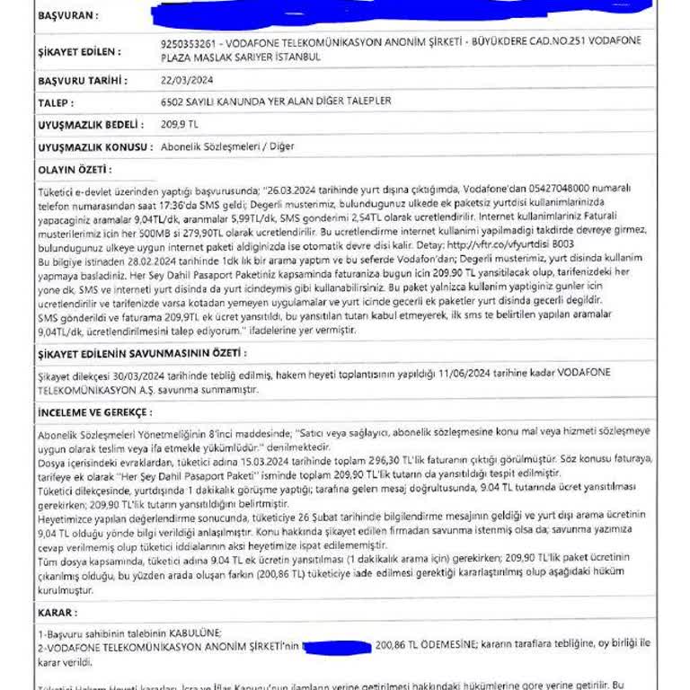 Vodafone Tüketici Hakem Heyeti Kararına Uymuyor