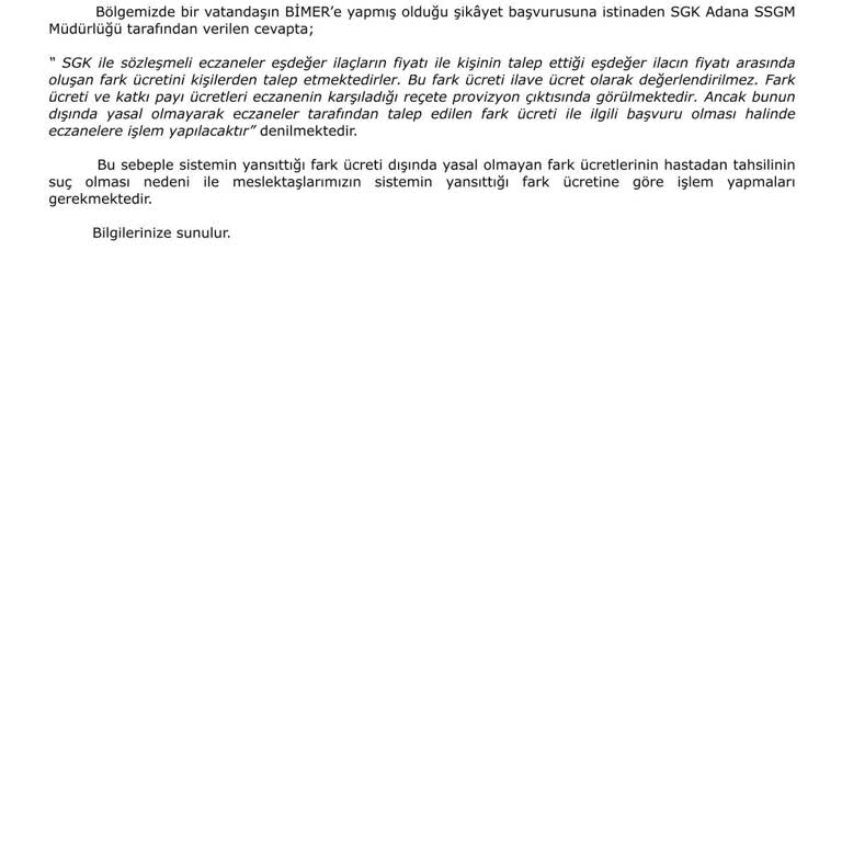 İzmir Eczacı Odası Hastadan Tahsil Edilen İlaç Fark Ücretleri Hakkında