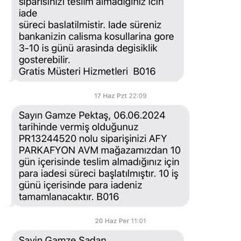 Gratis 14 İş Günü Geçmesine Rağmen Para İadesi Yapılmadı