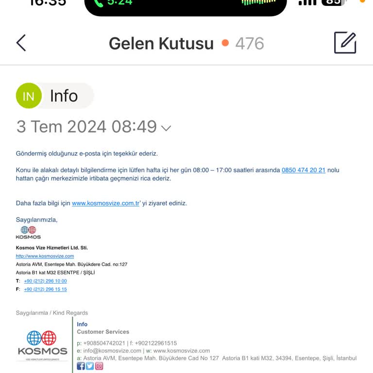 Kosmos Vize Hizmetleri Kosmos Çağrı Merkezi Ulaşamamak Hak