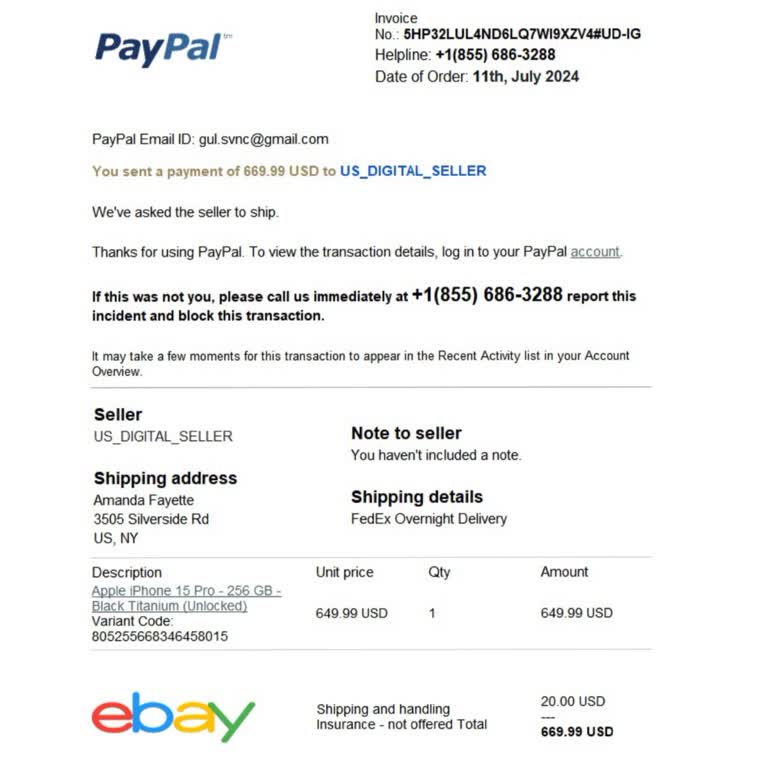 PayPal Adıma Alışveriş Faturası Geldi