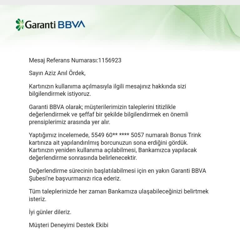 Garanti BBVA Yapılandırma Borcu Erken Kapama Sonrası Provizyona Kapalı Kredi Kartı