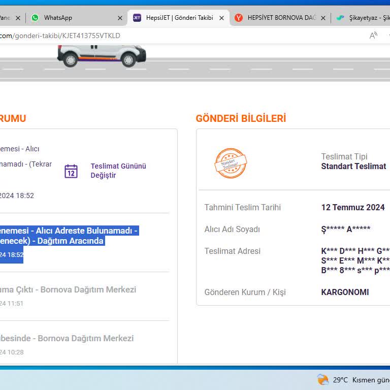 hepsiJET Yanlış Teslimat Ve Tatil Süresince Kuryede Bekleyen Paket