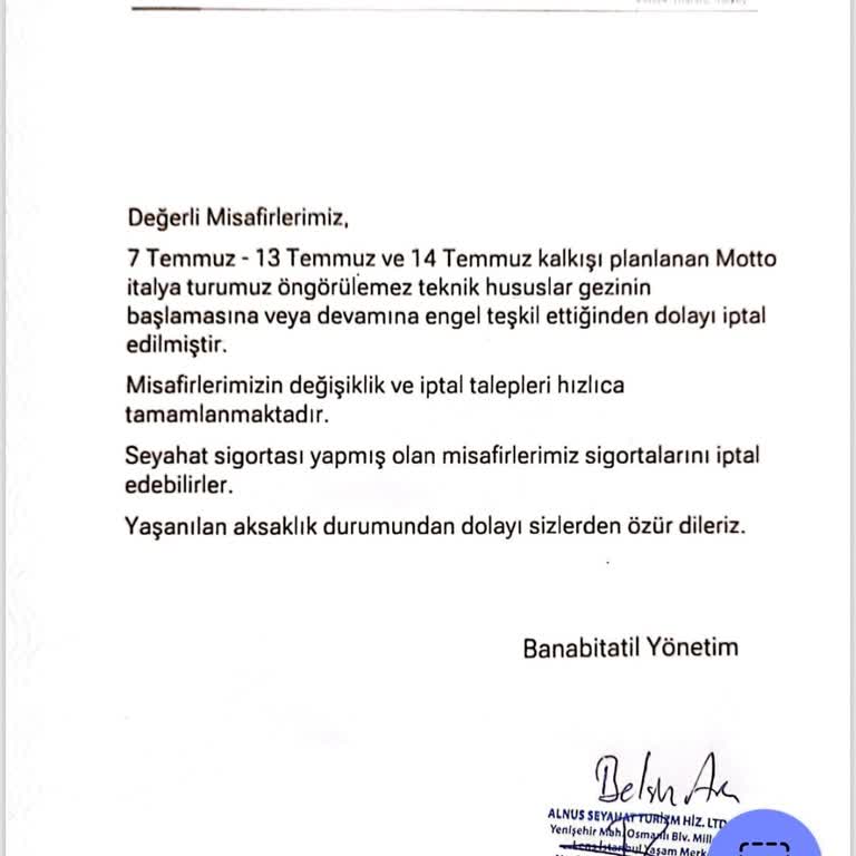 Banabitatil Düzenlenemeyen Tur Ve Ödeme İadesi Yapılmaması
