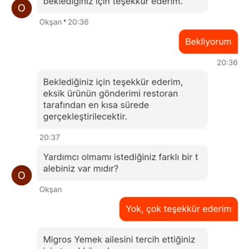 Migros Yemek Eksik Ürün Gönderimi