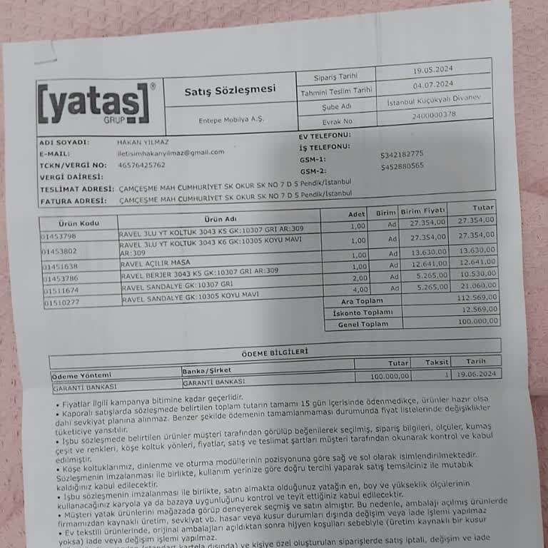 Yataş Teslim Edilmeyen Koltuk Takımı