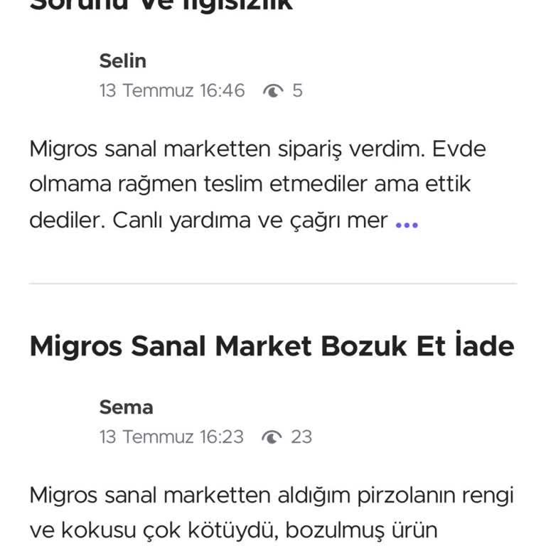 Bartın Migros Sanal Market Yanlış Sipariş