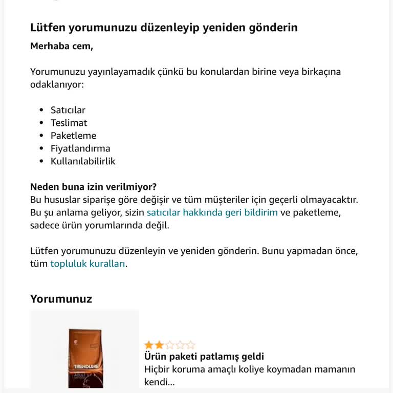 Amazon 15 Kg Mama Paketi Patlak Geldi, Yorumum Yayımlanmadı.