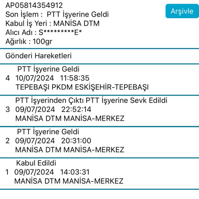 PTT Kargo PTT 5 Gündür Kargoyu Teslim Etmedi.