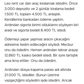 Leo Rent Car Paramı Alıp Beni Engelledi