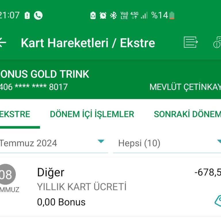 Garanti Bonus Gold Trink Kart Aidatı