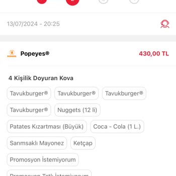 Tıkla Gelsin'den Popeyes'ten Vermiş Olduğum Siparişin Gelmemesi