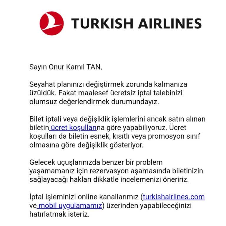 THY Dış Hatlar Kesintisiz İadeli Bilet, Ancak İade Etmiyorlar!