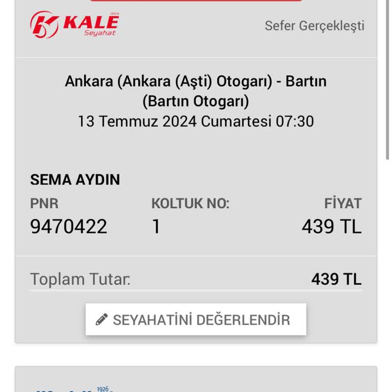 Kale Seyahat Ankara Bartın Seferi
