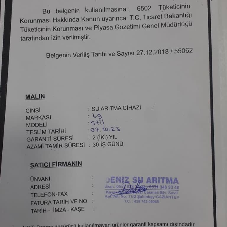 Deniz Su Arıtma (Gaziantep) Arıtma Cihazı Servis Şikayeti