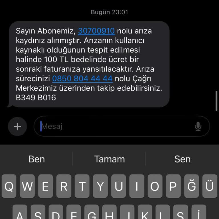 Kablo Net Arıza Kaydı Bedeli 100 TL